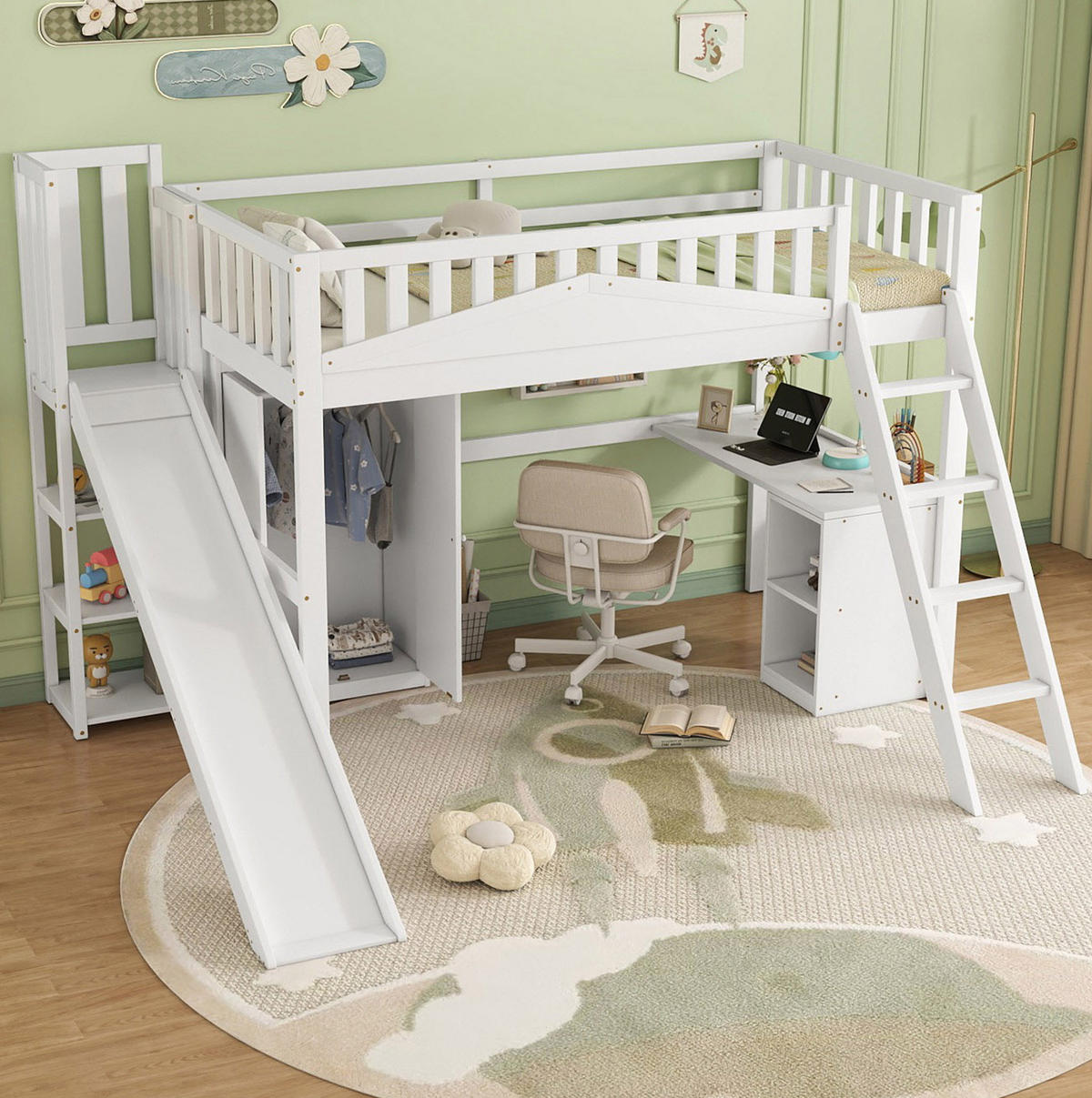 ETAGENBETT 90/200 cm Weiß mit Fallschutzgitter und Tisch aus Kiefer+MDF - Weiß, Holzwerkstoff (90/200cm) - OKWISH