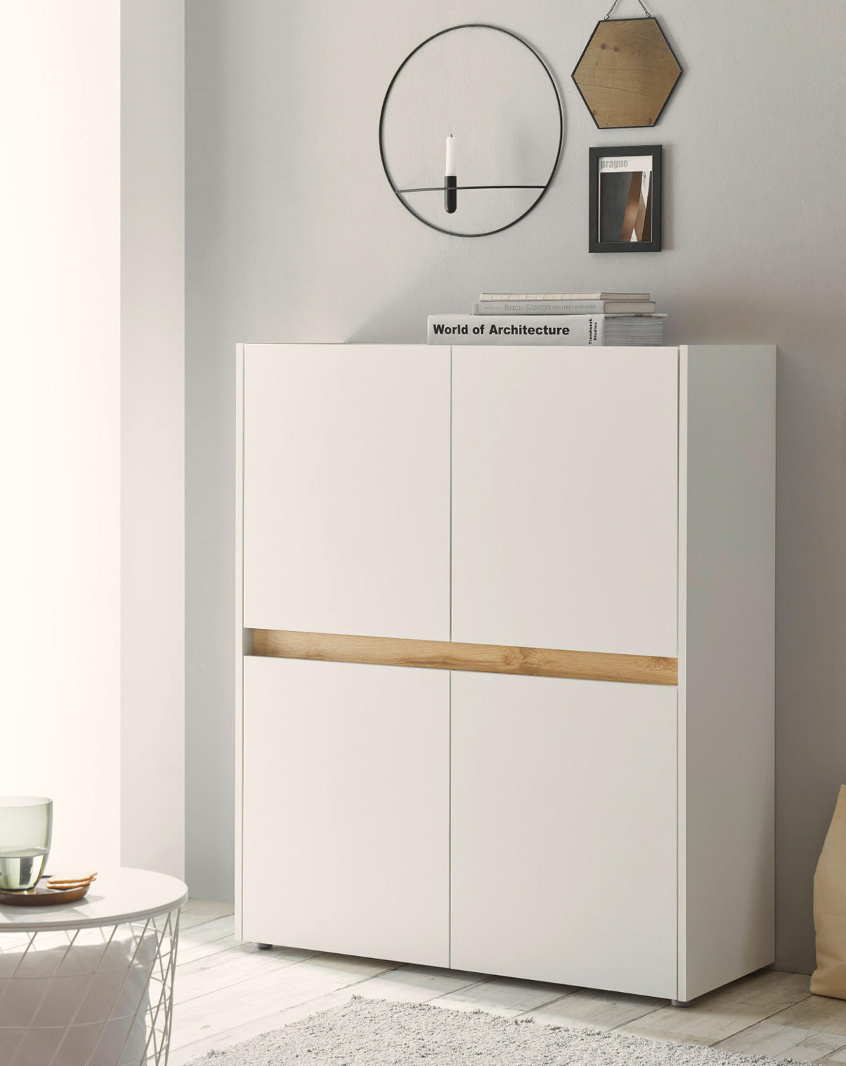 AKTENSCHRANK Weiß matt, Eiche Wotan 100 x 122 cm, Highboard 4-türig mit viel Stauraum - Eichefarben/Silberfarben, Holzwerkstoff/Kunststoff (100/122/40cm) - Furn.Design