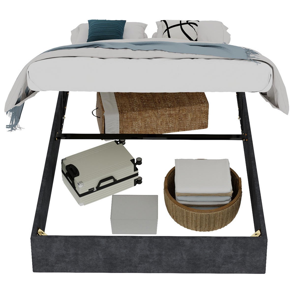 POSTEĽNÝ rám 160/200 cm sivý bez čela s plynovým zdvihom z látky a kovu - sivá, textil (160/200cm) - OKWISH
