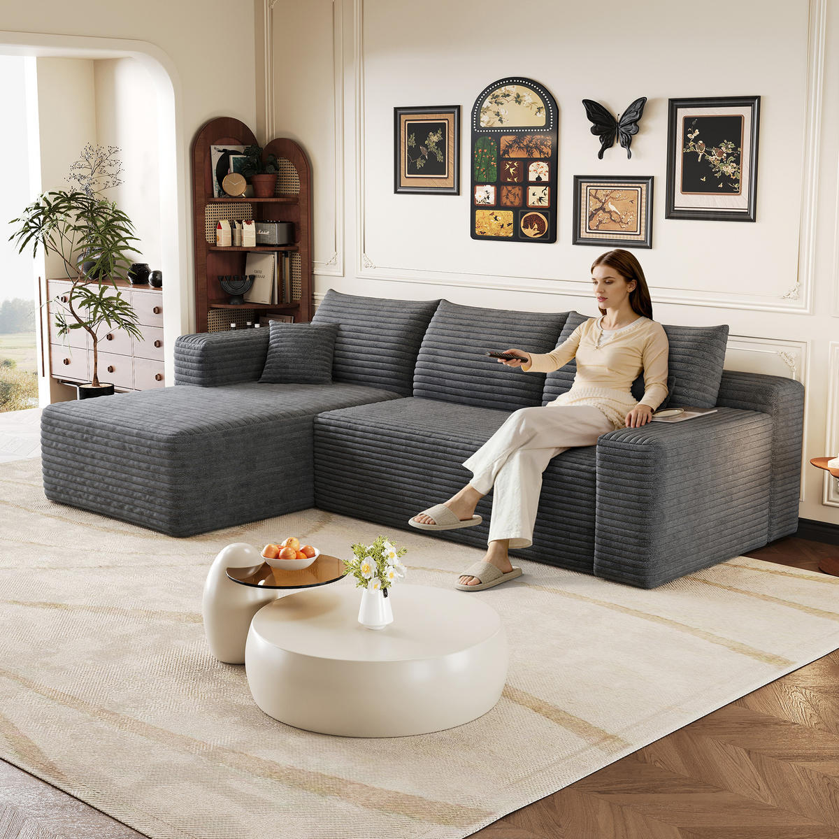 ECKSOFA Cord Dunkelgrau ohne Montage - Grau, Textil (241/151cm) - WISHDOR