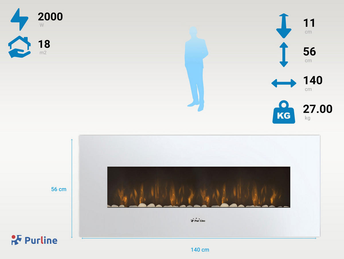 ELEKTROKAMIN Weiß Wandmodell mit Heizung 2000 W - Weiß, Glas (140/56/11cm) - Purline