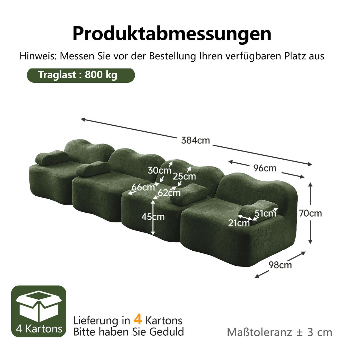 SOFA 384/98/70 cm in Grün aus Samt mit Wellenform und modularem Design - Grün, Textil (98/70/384cm) - Flora Grace
