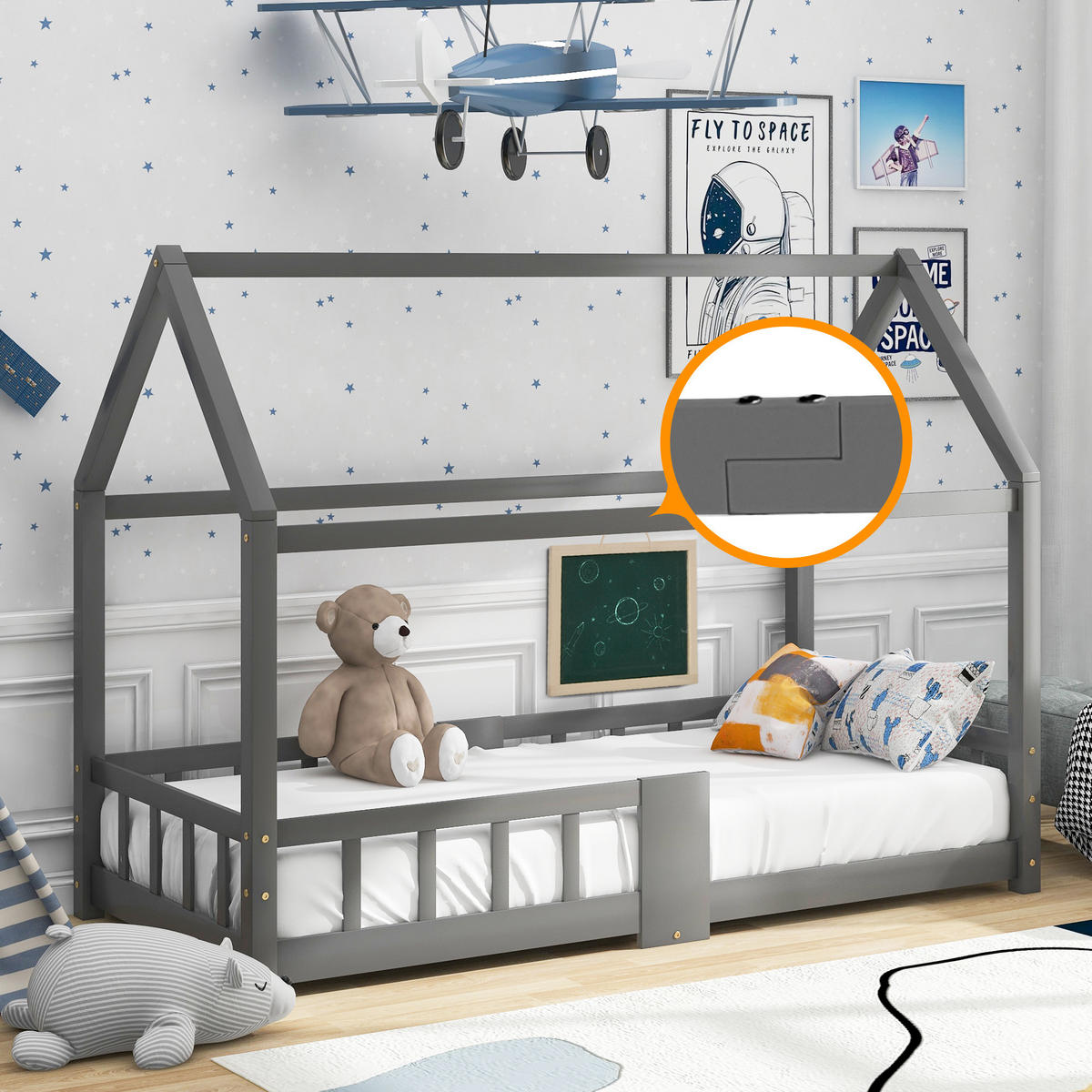 KINDERBETT Grau 207/97/140,5 cm - Grau, Holzwerkstoff/Metall (97/140.5/207cm) - Urban Meuble