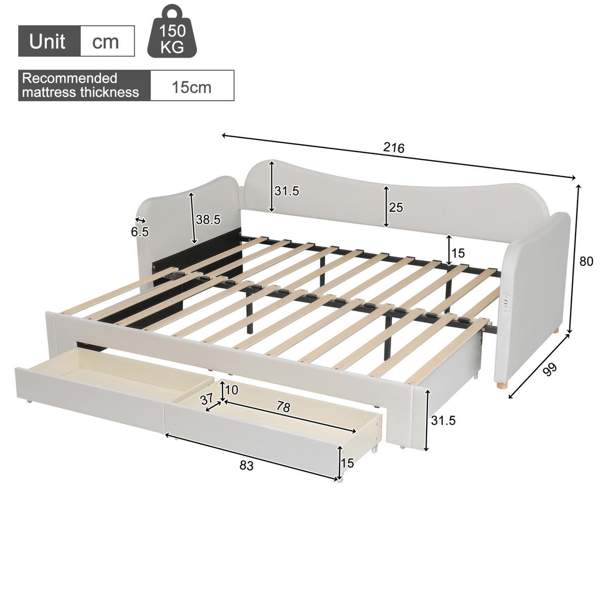 POLSTERBETT 90/200 cm Beige aus Samt mit Ausziehfunktion - Beige, Textil - OKMYHOME