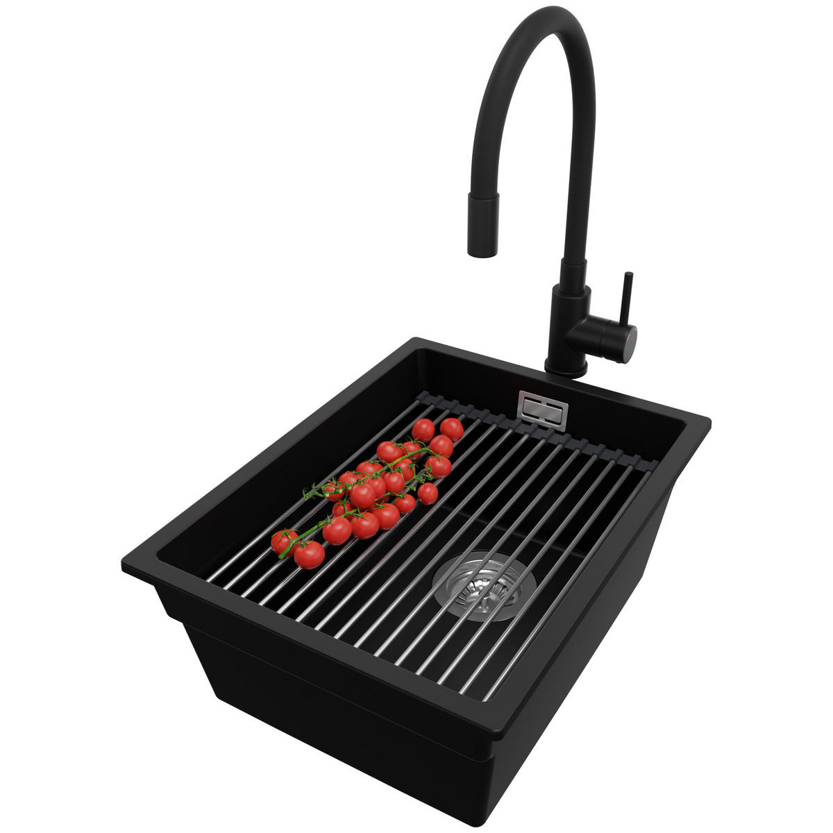 GRANITSPÜLE Praga Slim, 2-er set Schwarz 36/47 cm 1 Becken + Küchenarmatur 40/38 cm + Ablauf-Set + Aufrollbare Abtropffläche ab 40er Unterschrank - Chromfarben/Schwarz, Kunststoff (36/20/47cm) - Primagran