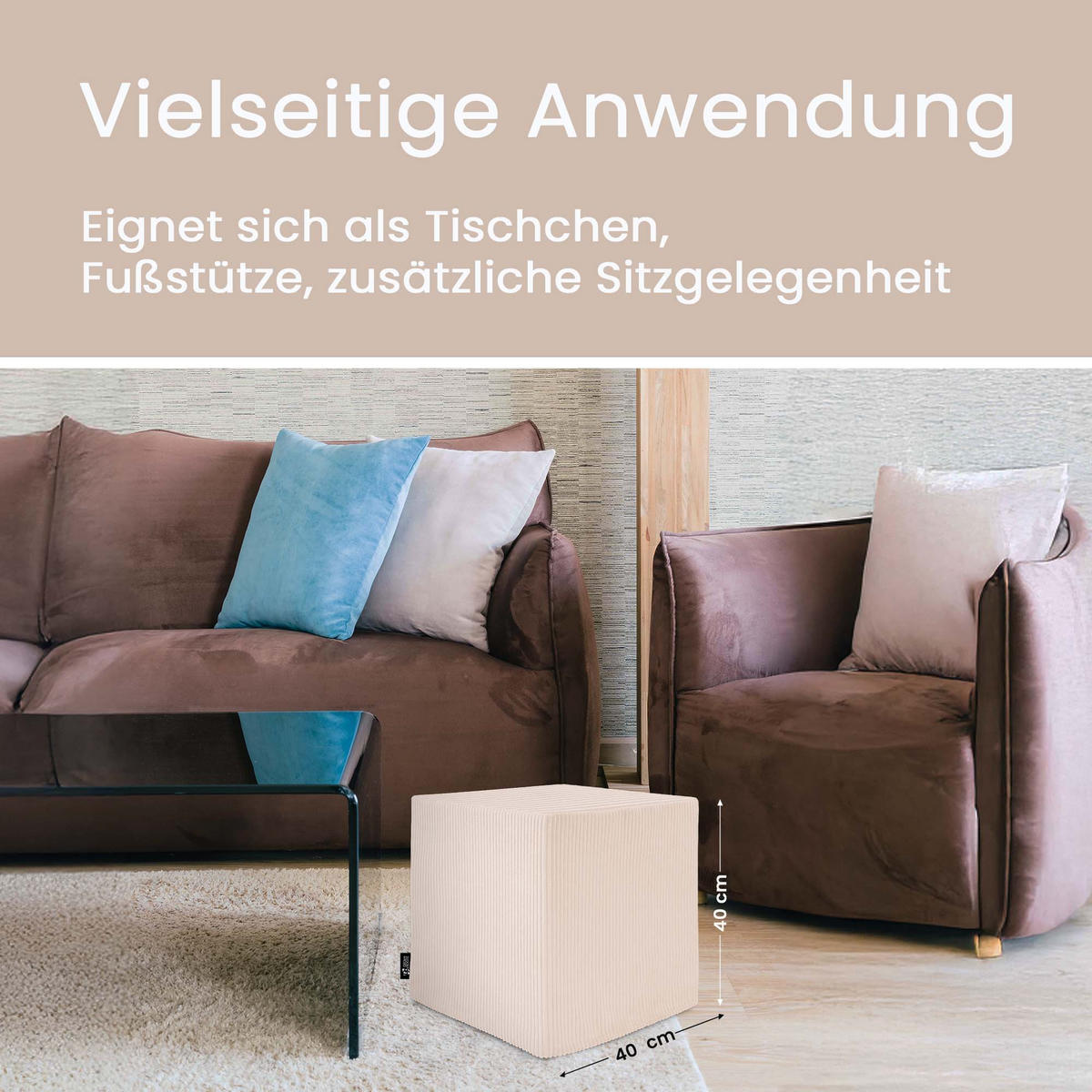 SITZSACK QUBIK HOCKER Sitzwürfel 40/40/40 cm Cord Vanilla Ice - Creme, Textil (40/40/40cm) - Dreamroots