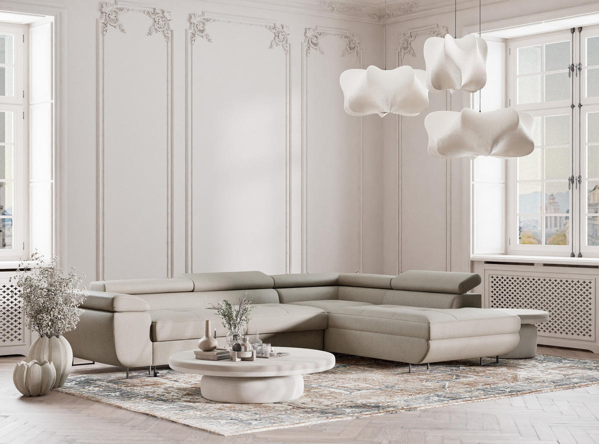 ECKSOFA MIT SCHLAFFUNKTION Concord Beige Webstoff - Beige/Schwarz, Holz/Holzwerkstoff (277/203cm) - Maison de Reve