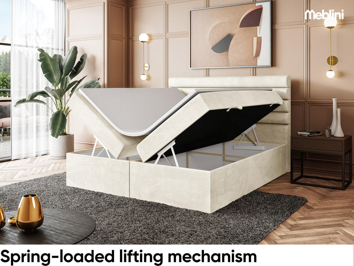 BOXBETT KARIM 160x200 cm in Creme Samt - Creme/Schwarz, Holz/Holzwerkstoff (160/200cm) - Meblini