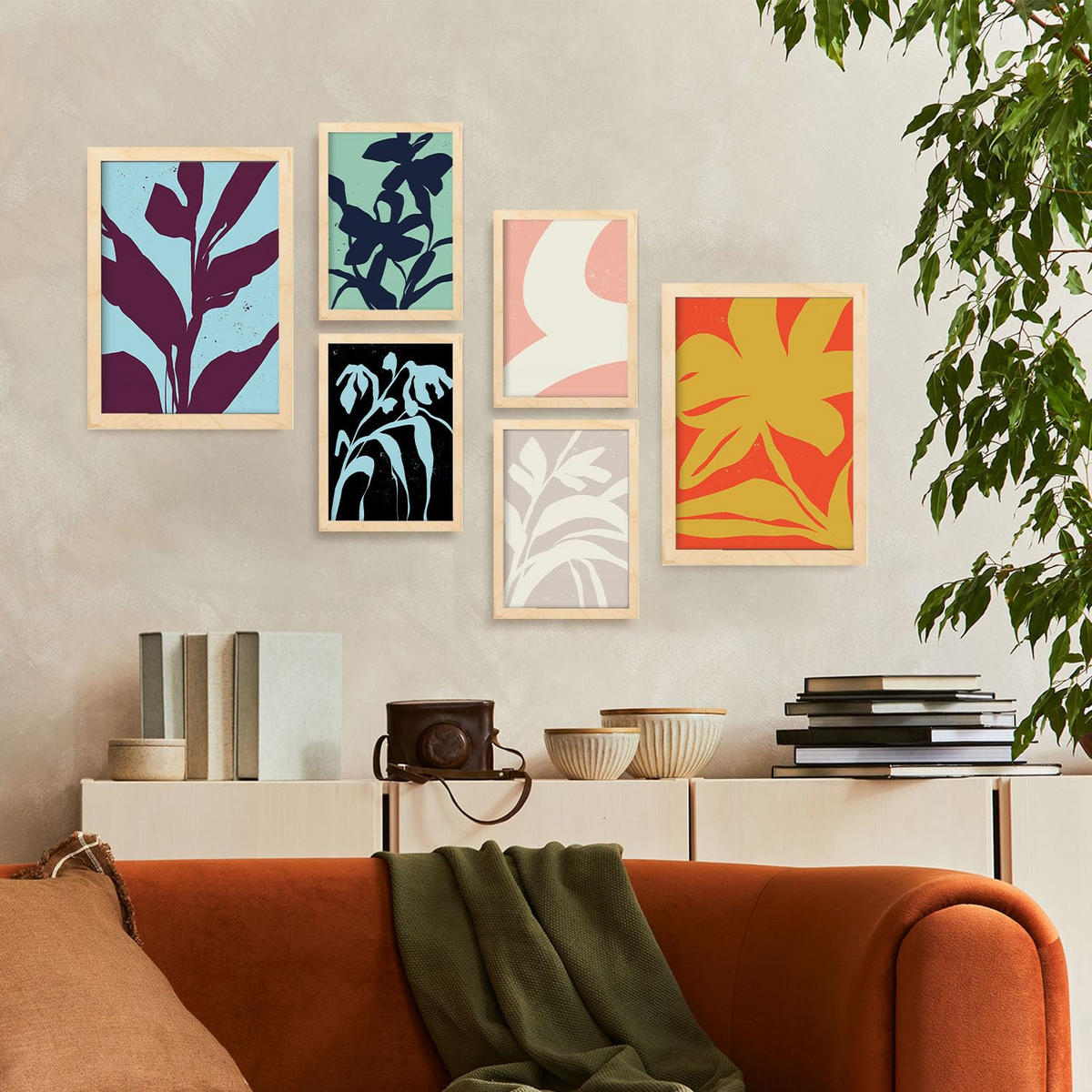 POSTER Set Mit 6 Streifenblätter In Blume Zusammenfassung Ästhetische Dekorative Gemälde Für Ihr Wohnzimmer Zuhause A3 & A4 Rahmen Aus Hellem Holz - Beige, Papier (29/3cm) - Nacnic