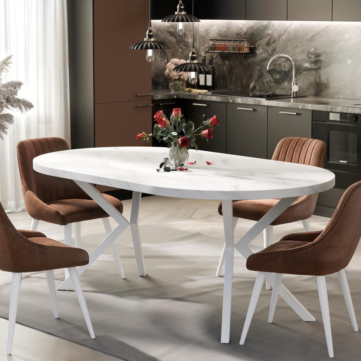 AUSZIEHTISCH MILTON 90-166/76 cm mit Metallgestell, Weiß / Bianco Marmor - Perlmutt/Weiß, Holzwerkstoff/Metall (90/90/76cm) - Idohome
