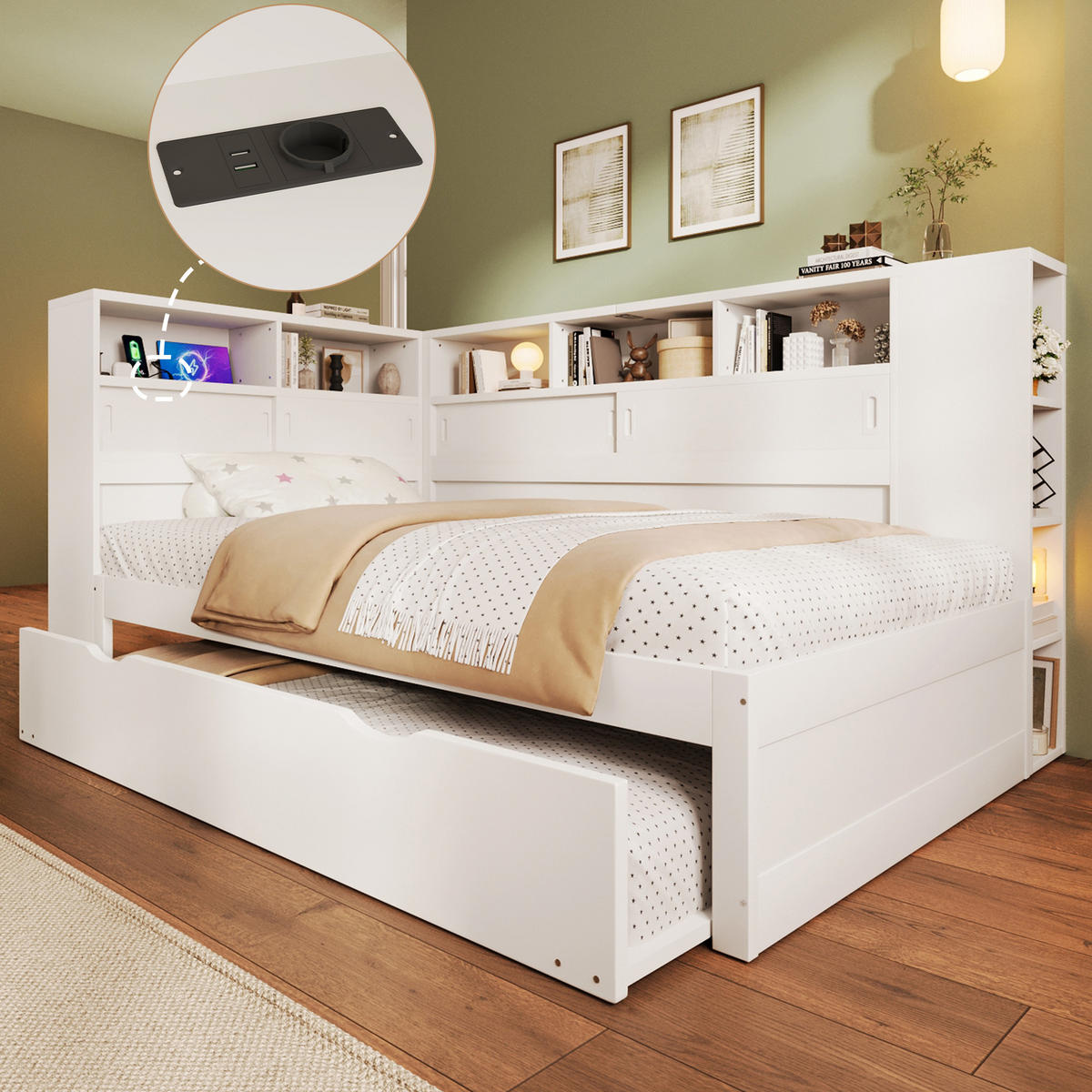 KINDERBETT mit Ausziehbett und Stauraum 90x200 cm Weiß - Weiß, Holz (90/200cm) - Meubliv