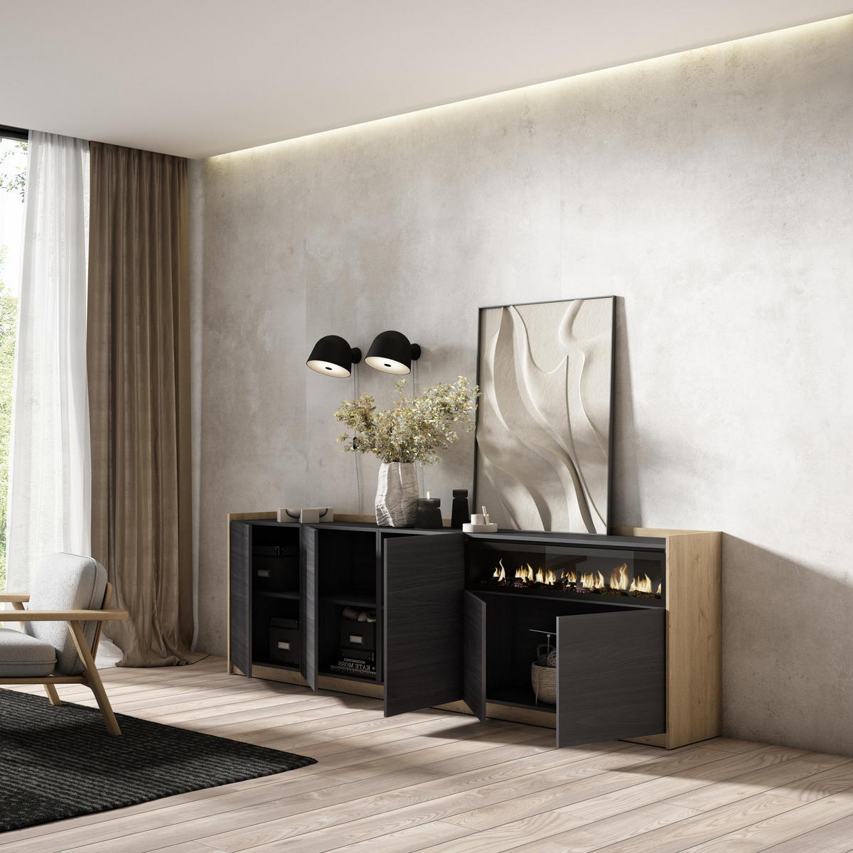 SIDEBOARD, Highboard, Schwarz Eiche, Elektrokamin, 260/37/80cm - Schwarz, Holzwerkstoff (260/80/37cm) - Skraut Home