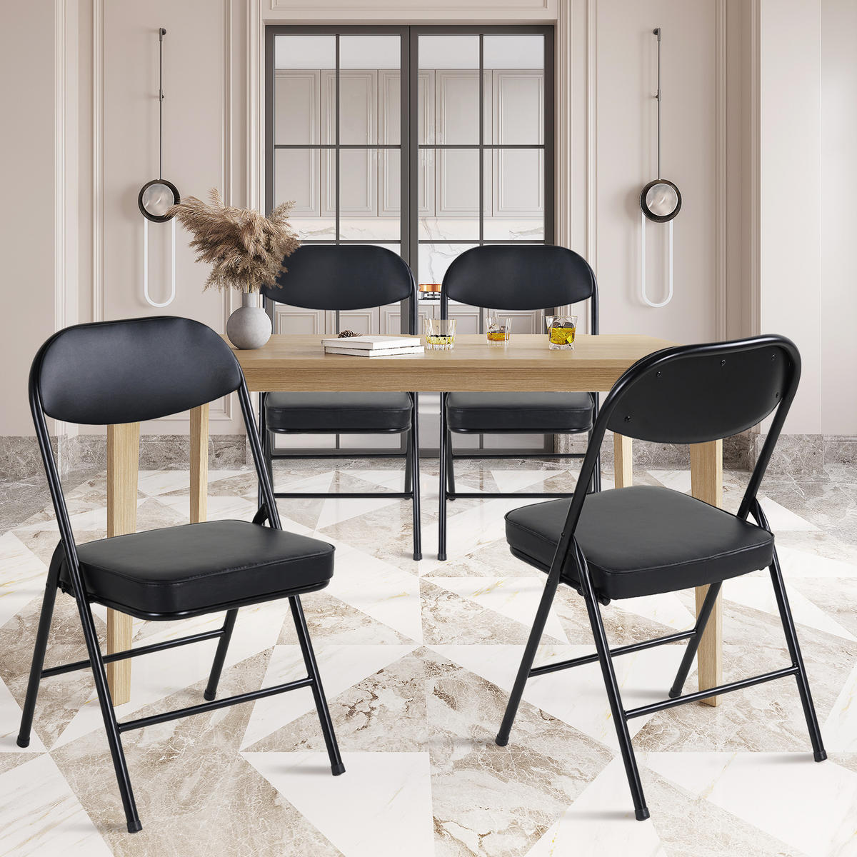 KLAPPSTUHL DE-36272 4er-Set mit PU-Lederbezug Schwarz - Schwarz, Metall (46/81.5/47cm) - ComfortXL