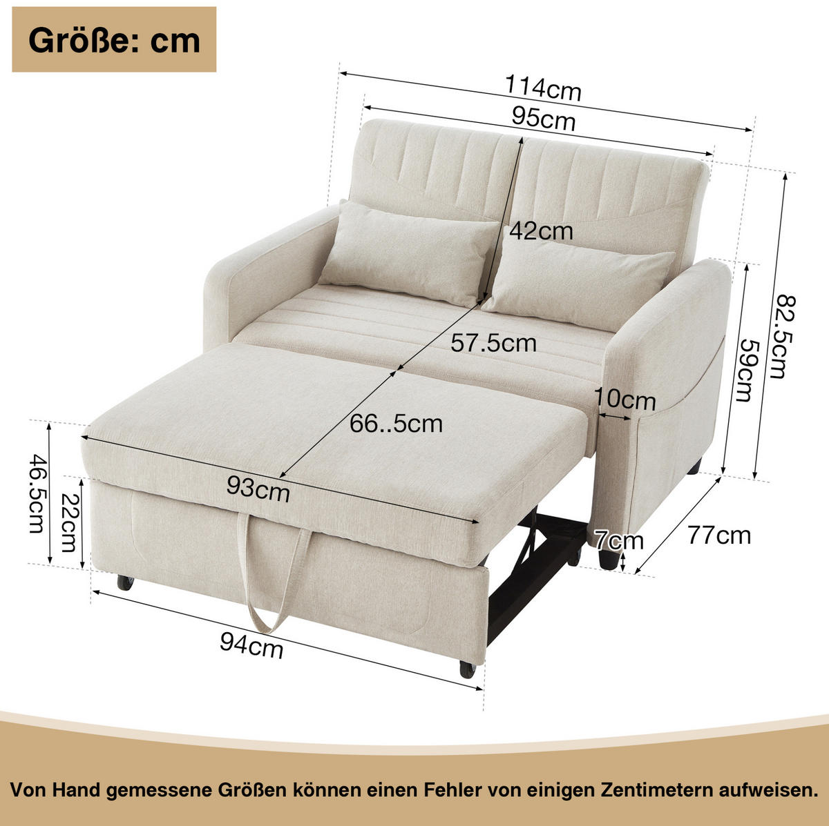SOFABETT Baumwoll-Leinen mit Ausziehfunktion und verstellbarer Rückenlehne Beige 114/77/82,5 cm - Beige, Textil (77/82.5/114cm) - Redom