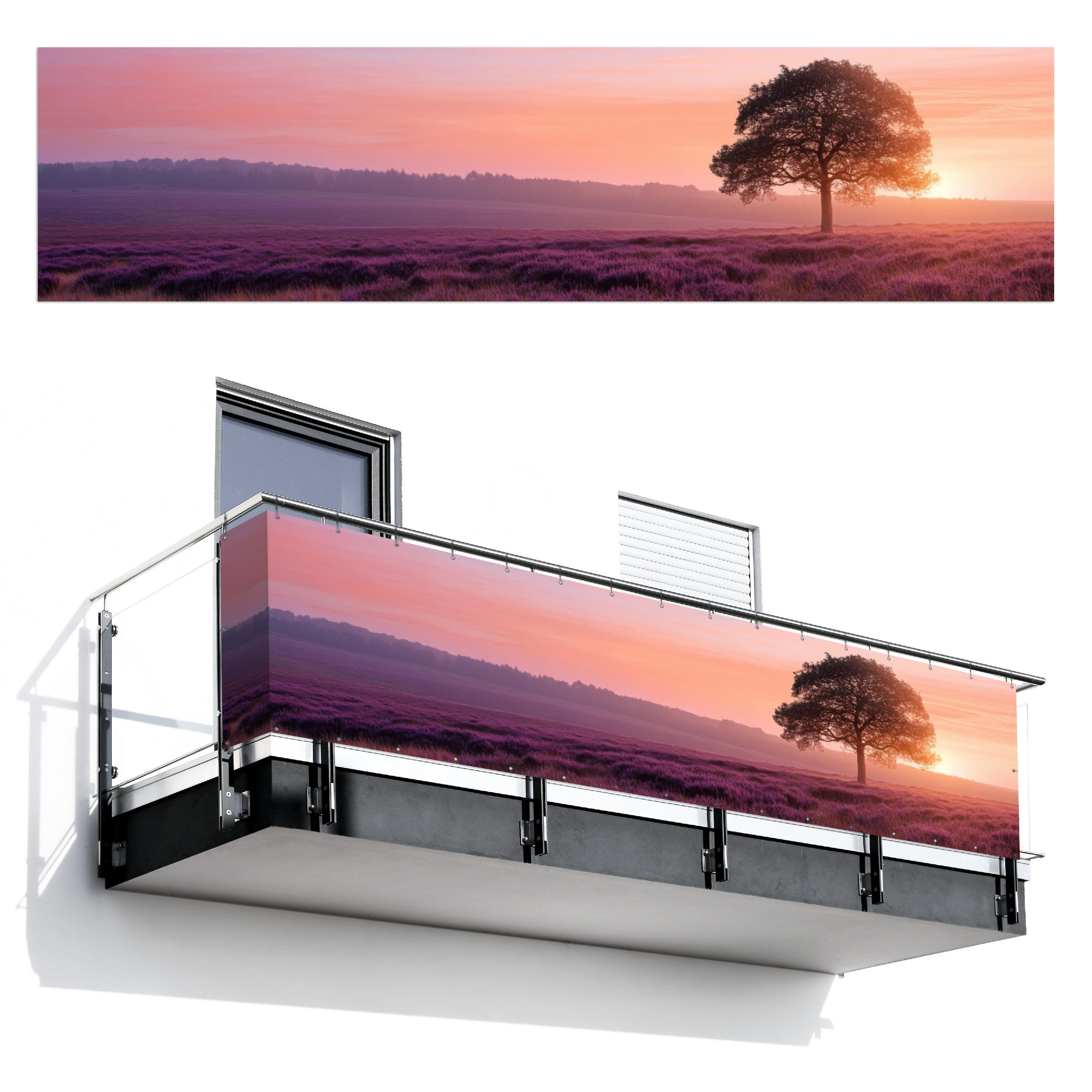 BALKON-SICHTSCHUTZ Baum - Heidekraut - Sonnenaufgang - Flieder, Kunststoff (500/120cm) - MuchoWow