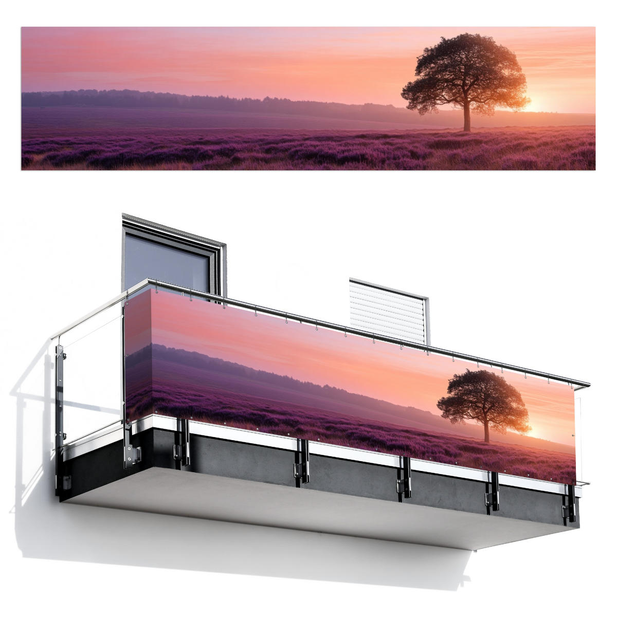 BALKON-SICHTSCHUTZ Baum - Heidekraut - Sonnenaufgang - Flieder, Kunststoff (500/120cm) - MuchoWow