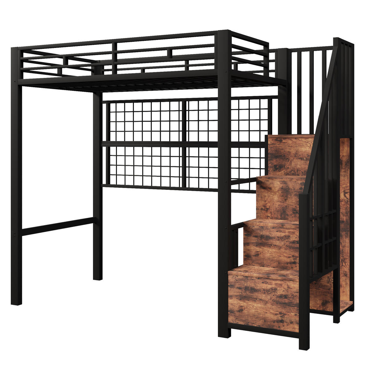 HOCHBETT 90/200 cm mit Stauraumleiter, Kleiderschrank, Hängegitter und 7-Farben-LED, Schwarz - Schwarz, Metall (90/200cm) - Redom