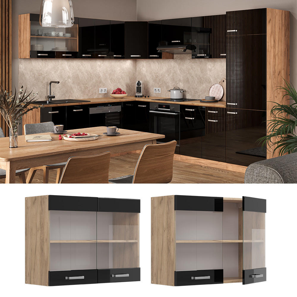 KÜCHENGLASSCHRANK R-Line Schwarz Hochglanz 80 cm - Honigeiche/Schwarz Hochglanz, Holzwerkstoff (80/60/31cm) - Vicco