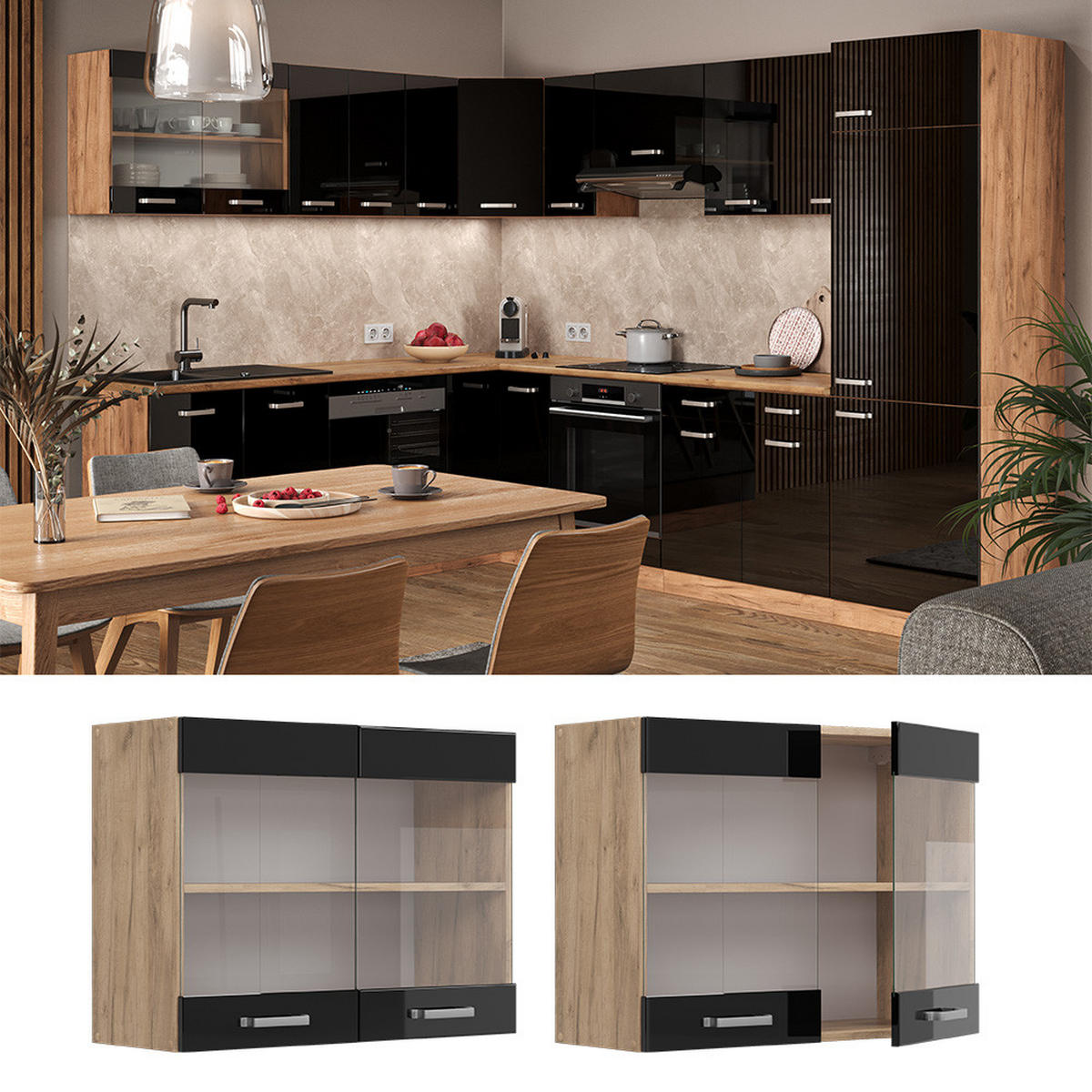 KÜCHENGLASSCHRANK R-Line Schwarz Hochglanz 80 cm - Honigeiche/Schwarz Hochglanz, Holzwerkstoff (80/60/31cm) - Vicco