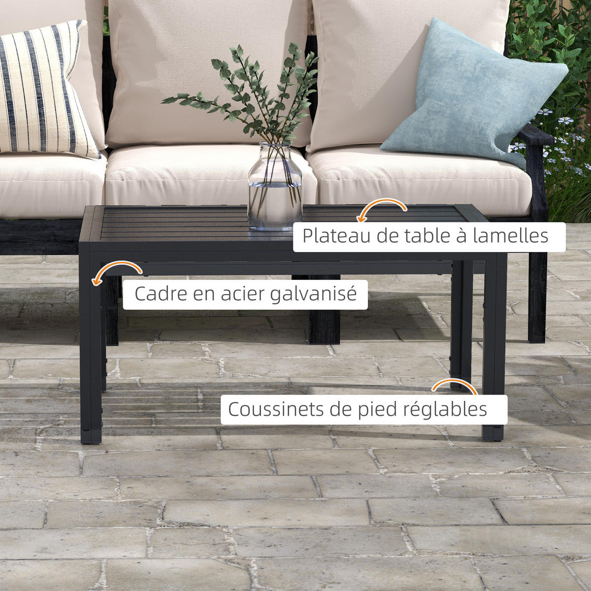 GARTENBEISTELLTISCH DE-14116 rechteckig mit Lattenrost 101x61 cm Schwarz - Schwarz, Metall (101.5/61/46cm) - ComfortXL