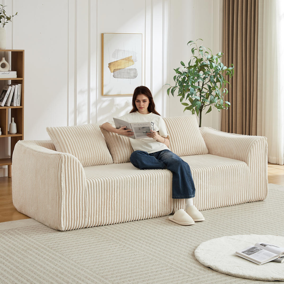3-SITZER SOFA Cord Beige mit Kissen - Beige, Textil (235.5/72.5/101cm) - WISHDOR