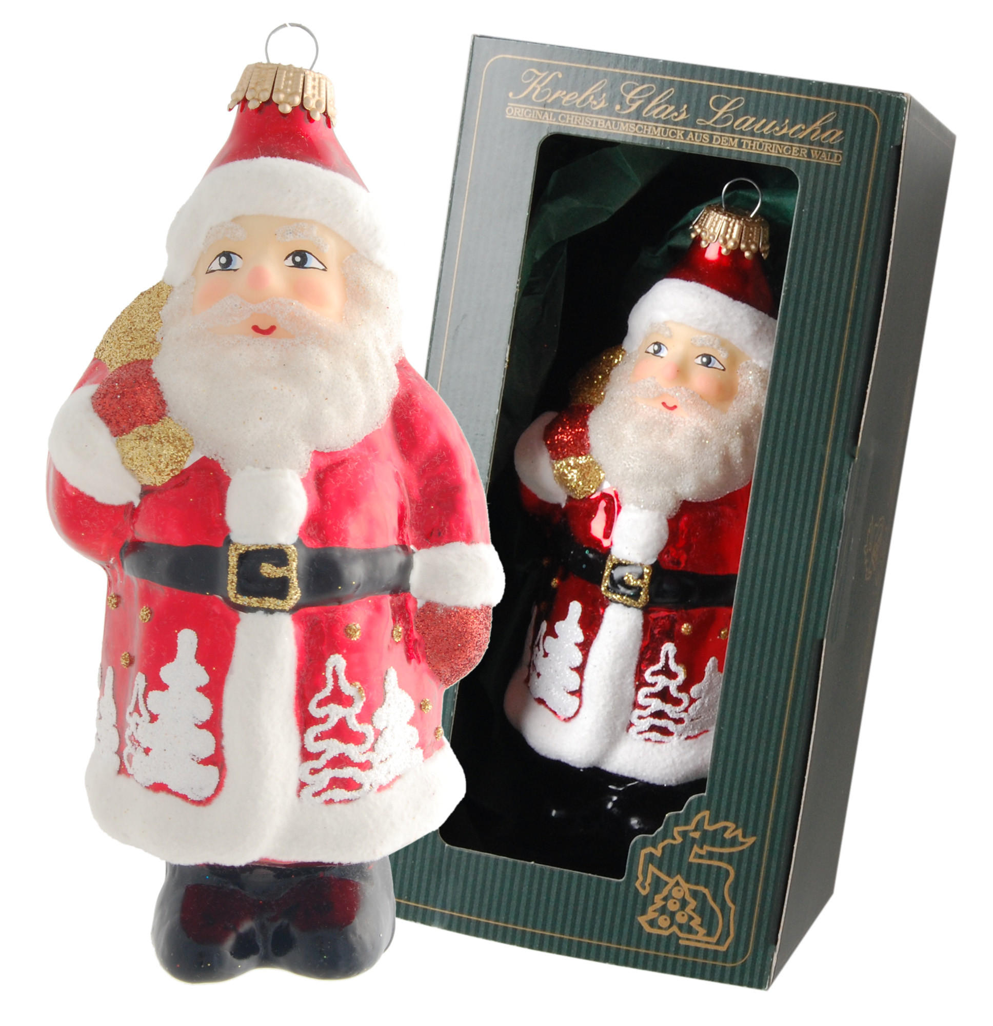 CHRISTBAUMSCHMUCK Santa mit Schneebäumen Rot 14cm (Glas / 1 Stk.) - Rot, Glas (6/14/6cm) - Krebs Glas Lauscha