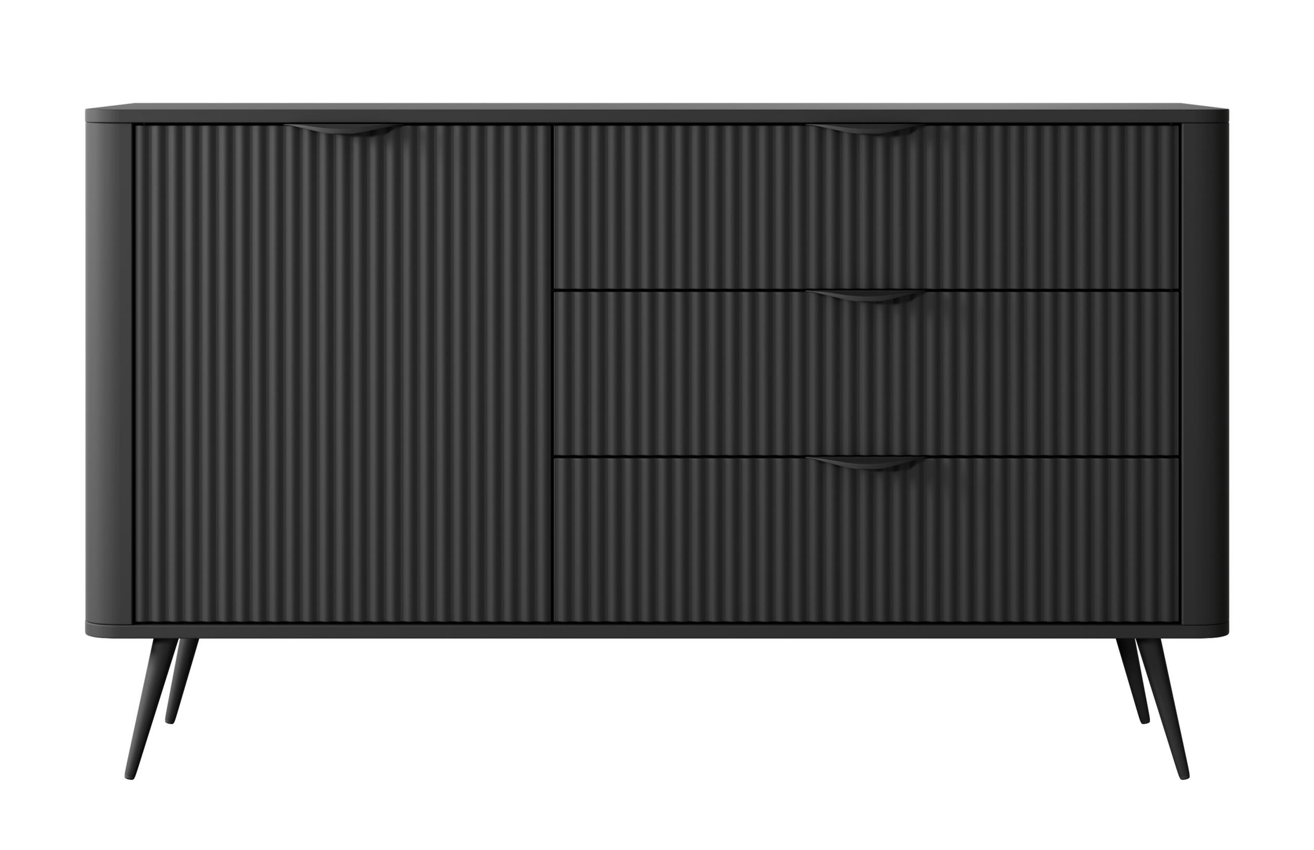 SIDEBOARD Vespasia 1T 3S Schwarz 138,2/81,2/38 cm – Geriffelten Fronten - Schwarz, Holzwerkstoff/Metall (138.2/81.2/38cm) - AX Living