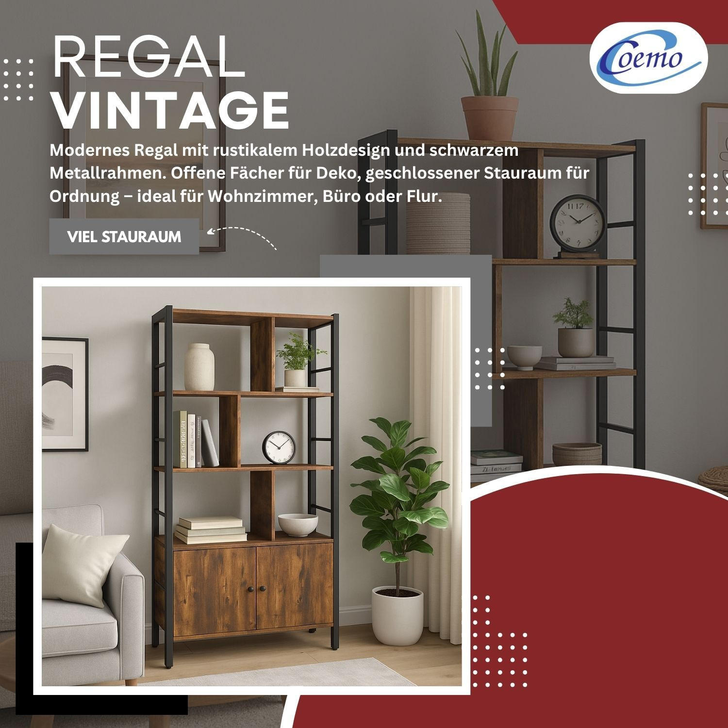 STANDREGAL VINTAGE Metall mit 2 Türen Holz 74/30/1550cm - Braun, Metall (30/155/74cm) - Mein-Regal