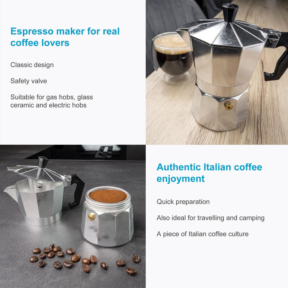 ESPRESSOKOCHER Aluminium 3 Tassen Mokka-Kanne - Silberfarben, Metall (8.5/10/16cm) - Intirilife