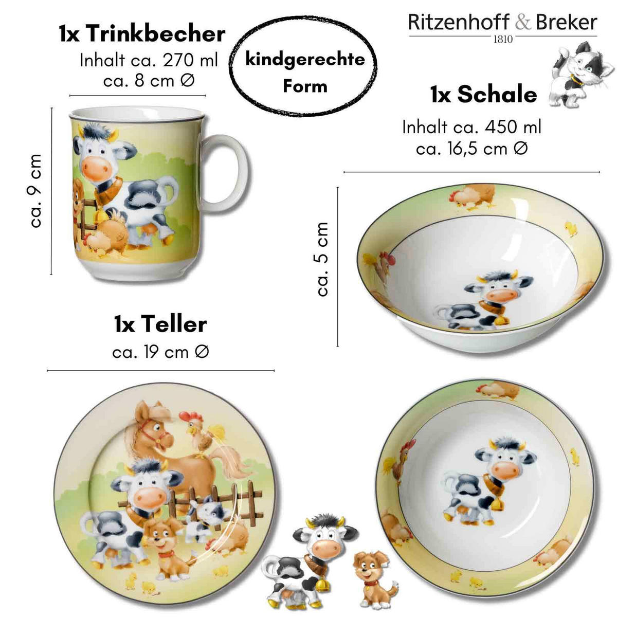 KINDERGESCHIRR MIT BESTECK Hoftiere bunt - Multicolor, Keramik (1/1/1cm) - Ritzenhoff Breker