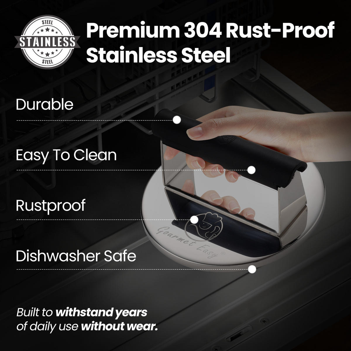 BURGERPRESSE Edelstahl,Burgerpresse, Edelstahl, 2lb Smasher mit hitzebeständigem Griff - Edelstahlfarben, Metall (15.2/7/15.2cm) - Gourmet Easy