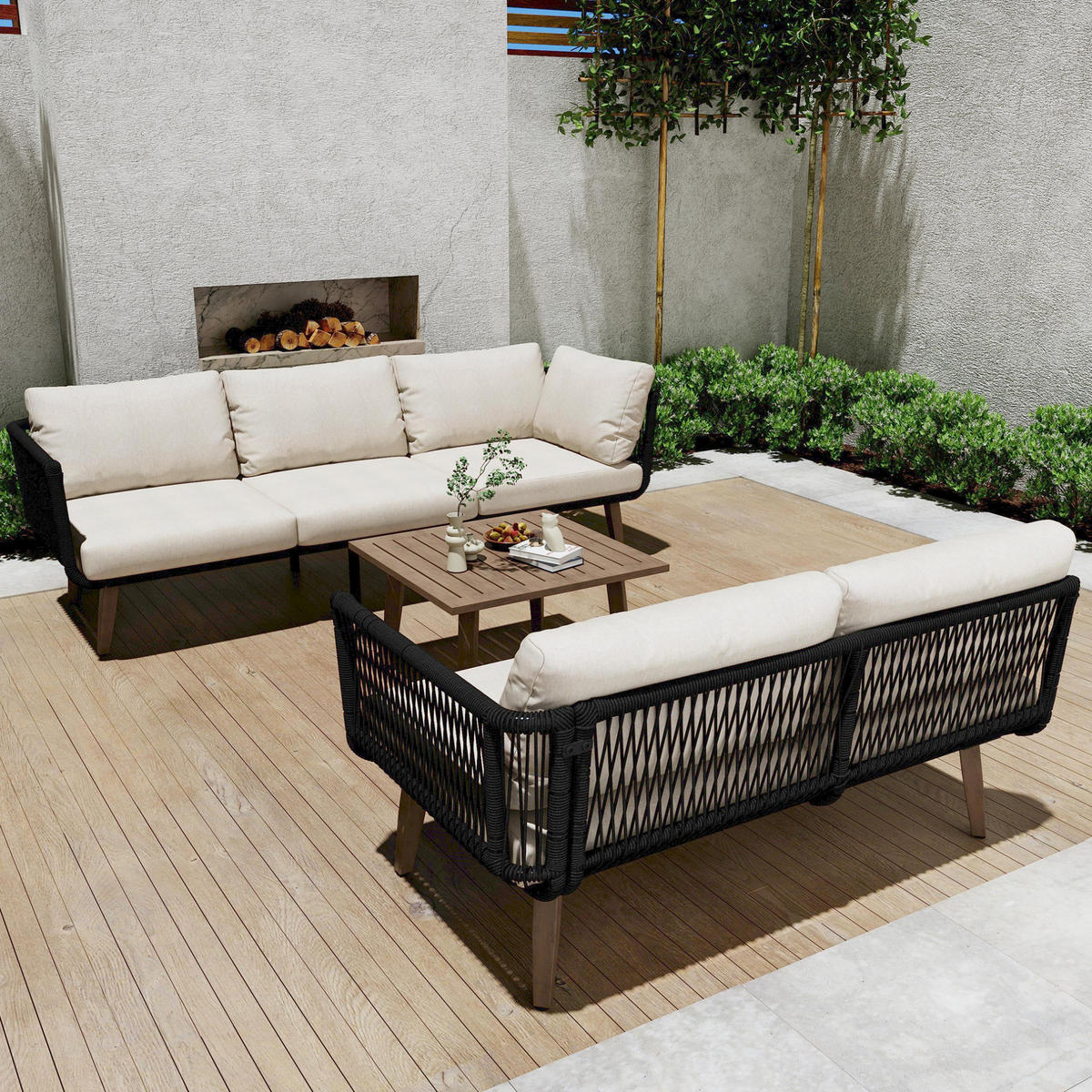 GARTENMÖBEL-SET mit Sofa und Couchtisch, Seilgeflecht und Tischplatte in Holzoptik, Beige/Schwarz - Beige, Metall - Redom