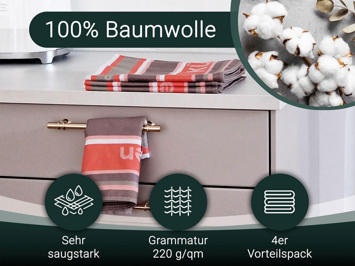 GESCHIRRTÜCHER, 4er-Set, 50x70 cm, 100% Baumwolle, Rot - Koralle, Textil (50/70cm) - Zollner