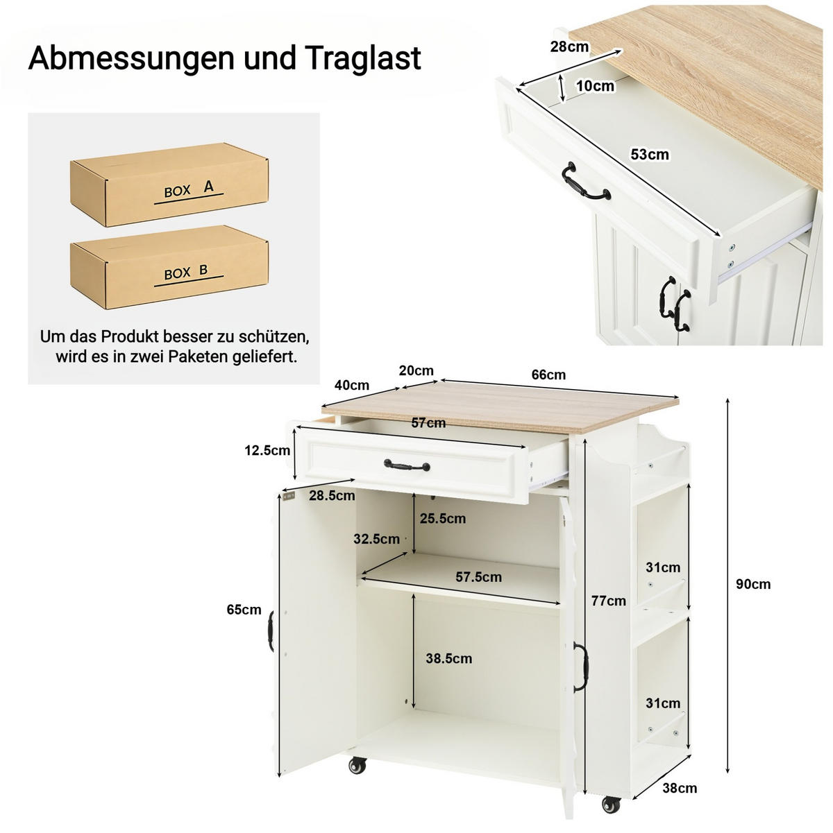 KÜCHENINSEL 66/40(60)/90 cm mit klappbarer Arbeitsplatte, Rollen, Schublade und Schrankfach aus MDF, Weiß - Weiß, Holzwerkstoff (66/90/38cm) - Redom