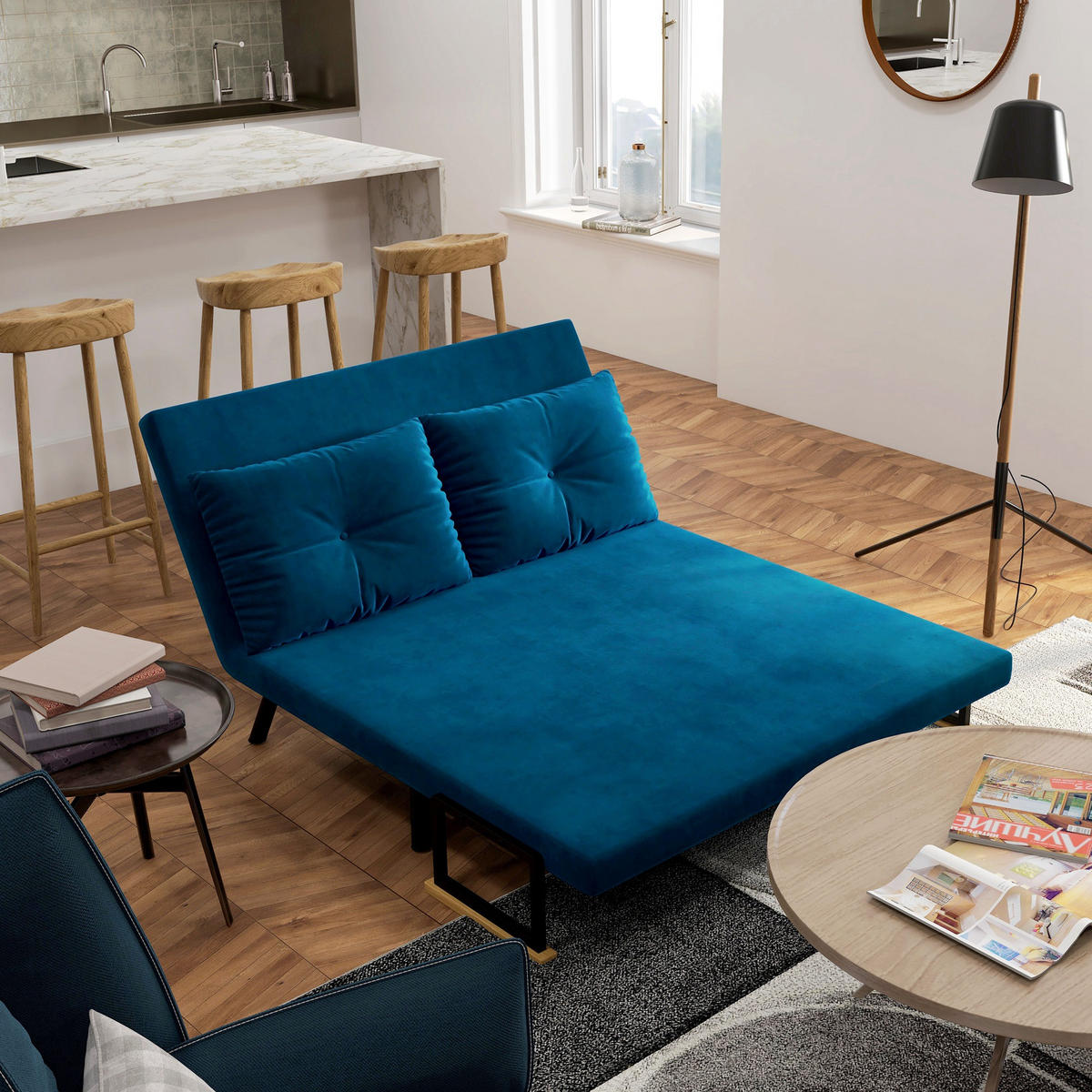 SCHLAFSOFA, Zweisitzer mit Bettfunktion, Schlafcouch mit Samtoptik, Rückenkissen - Blau/Schwarz, Holz/Textil (73/81/102cm) - HOMCOM