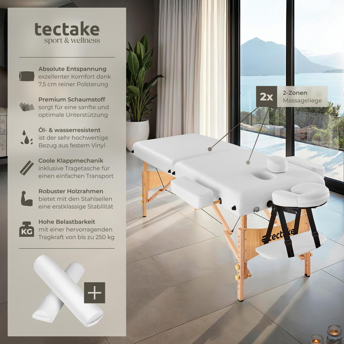 MASSAGELIEGE 2 Zonen, 220 x 83 x 87,5 cm,weiß - Weiß, Holz (59/65.5/187cm) - tectake