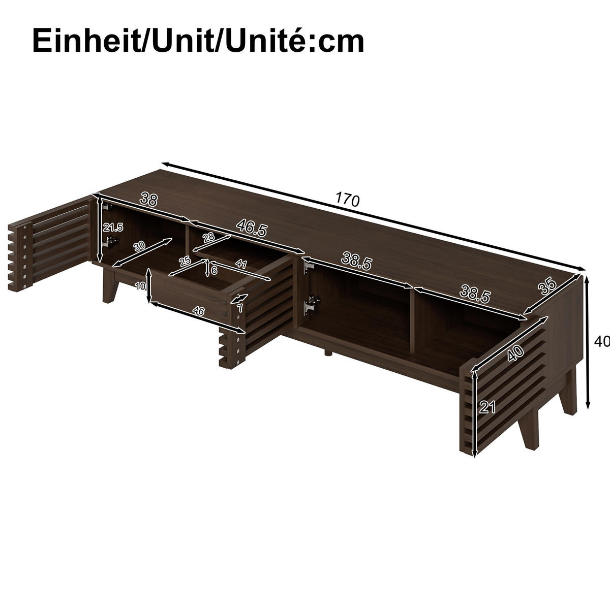 TV-LOWBOARD aus Holzwerkstoff 170x35x40 cm Natur mit 3 Türen, 1 Schublade und Kabeldurchführung im Vintage-Lamellendesign - Naturfarben, Holzwerkstoff (170/40/35cm) - Modfu