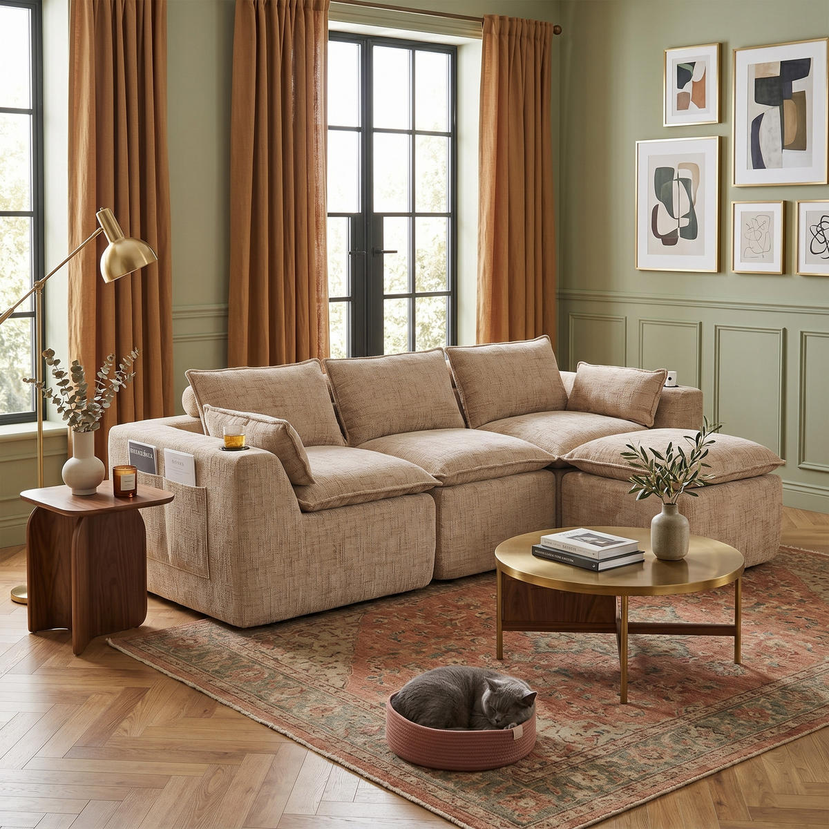 3-SITZER-SOFA aus Chenille, mit Fußhocker und Getränkehalter - Sandfarben, Textil (256/75/161cm) - Urban Meuble
