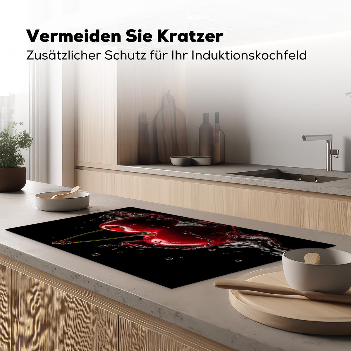 HERDABDECKPLATTE Kirsche - Rot - Frucht - Wasser - Schwarz Induktionsschutz 91.6x52.7 cm - Kirschrot, Kunststoff (91.6/52.7/0.2cm) - MuchoWow