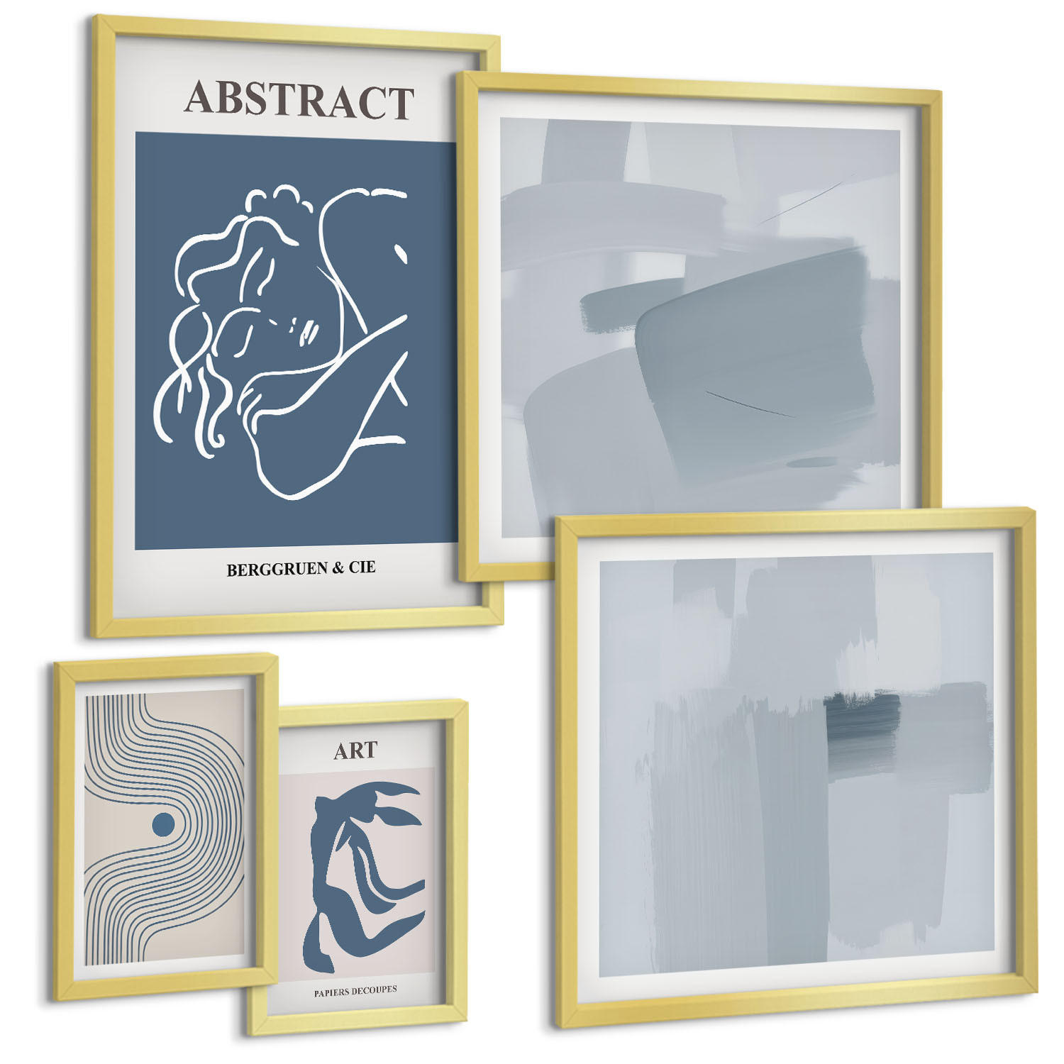 BILDER SET 5er Set - 50x50 cm & 20x30 cm & 40x60 cm Goldrahmen - Poster mit abstrakten Linien und Wellen - Goldfarben, Kunststoff (40/60cm) - TULUP