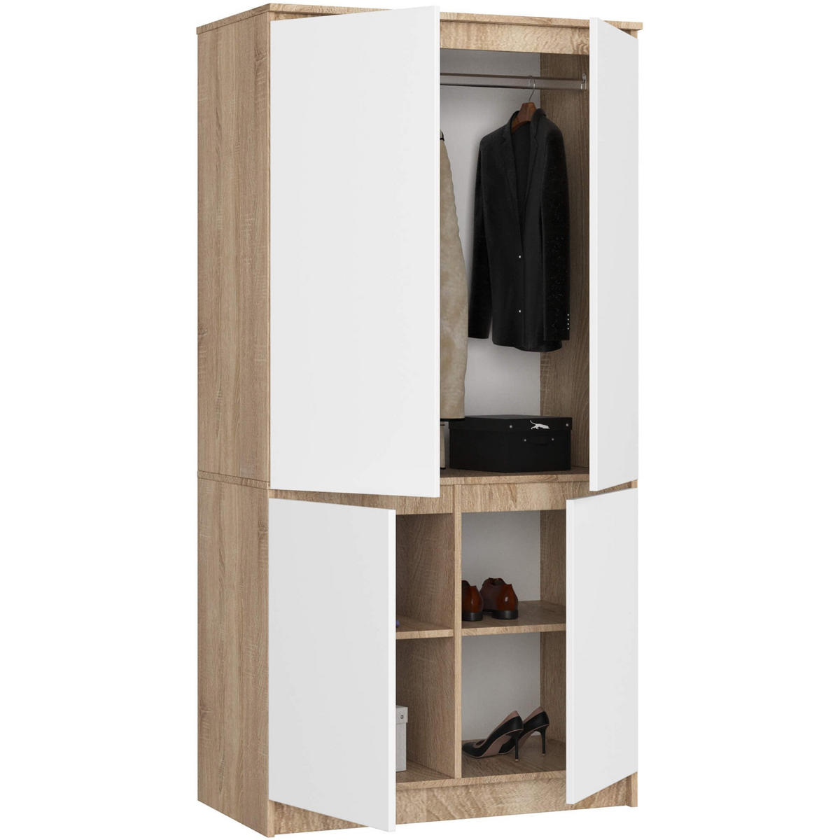 KLEIDERSCHRANK S90 4D, Sonoma-Weiß, 90x51x180 cm - Weiß/Sonoma Eiche, Holz (51/180/90cm) - Milordbikes