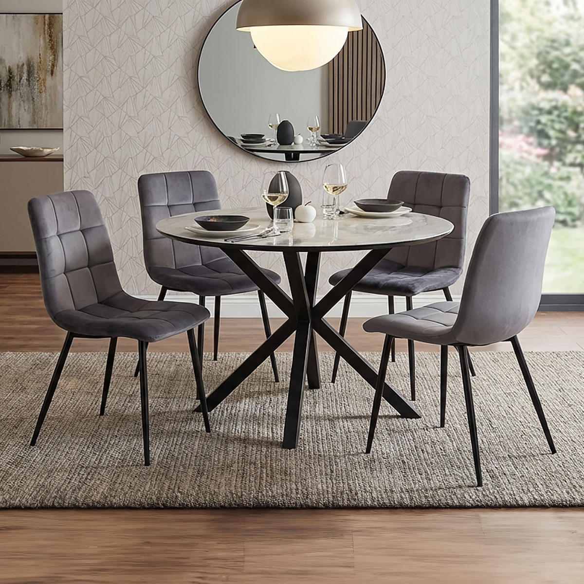 TISCHGRUPPE rund grau schwarz mit 4 Stühle Grau - Schwarz/Grau, Textil/Metall (110/77/110cm) - Homestyle4u