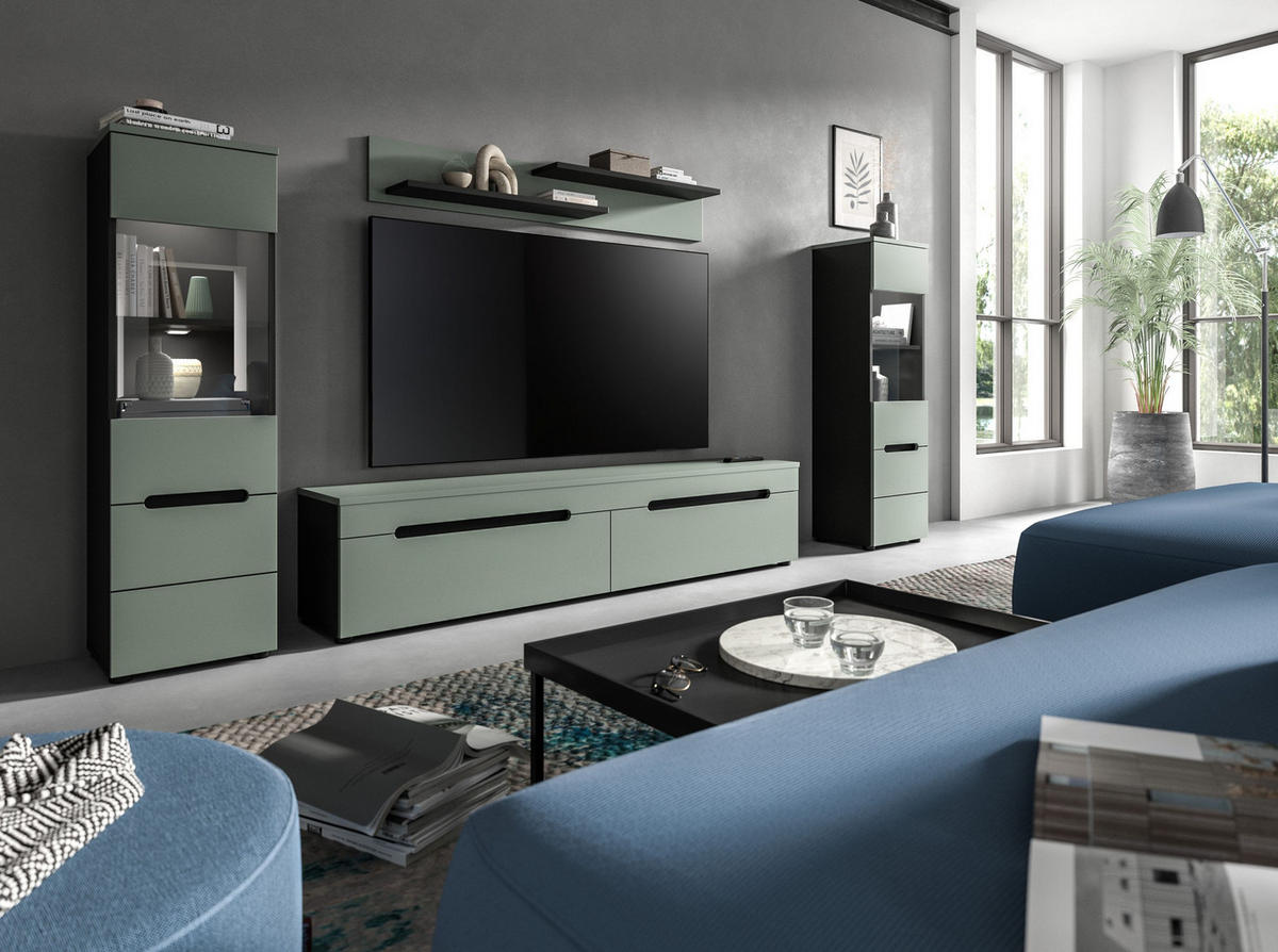 WOHNWAND inkl Beleuchtung Nova 4 tlg. (B/H/T: ca. 272/141/33 cm) in Basalt grau/Smoke Green - Grau, Holzwerkstoff (272/141/33cm)