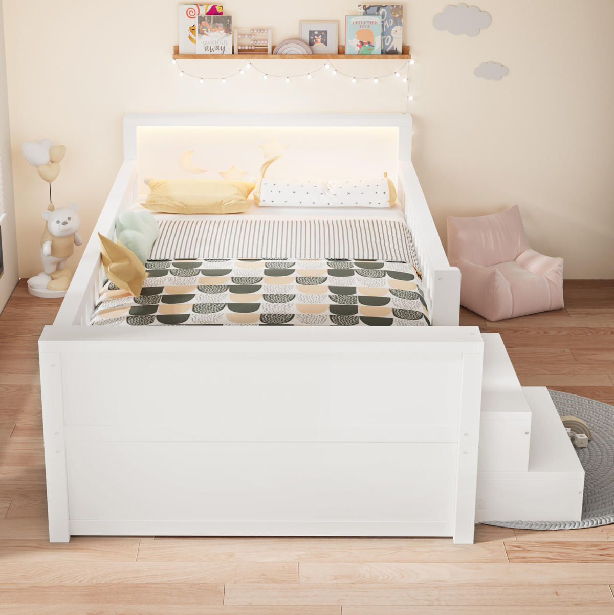 KINDERBETT Holz 90x200 cm Weiß mit LED, Sicherheitsgitter, Stufen und 4 Schubladen - Weiß, Holz (90/200cm) - Modfu
