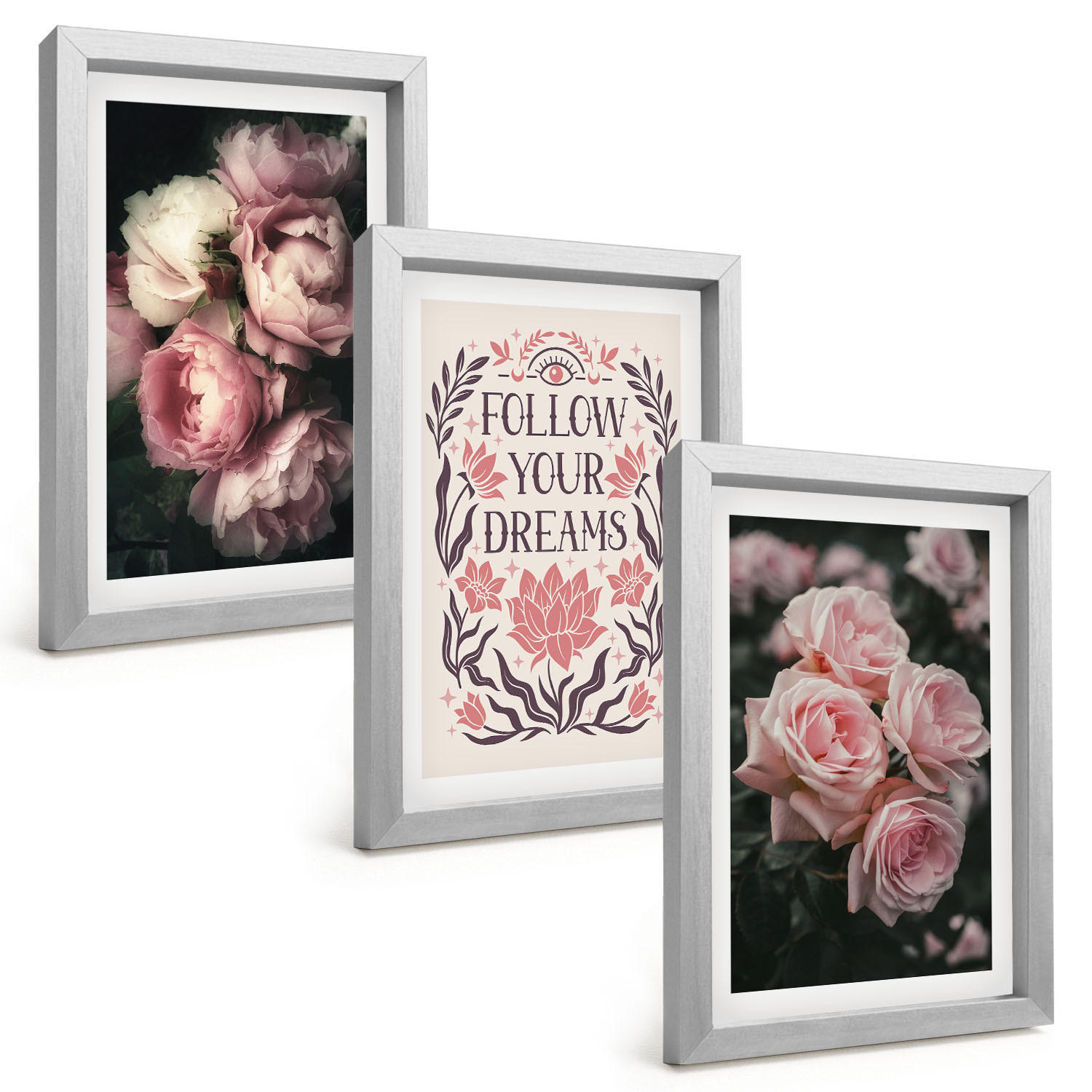 BILDER SET 3er Set - 20x30 cm Silberner Rahmen - Vintage-Rosenträume-Inschrift - Silberfarben, Kunststoff (20/30cm) - TULUP