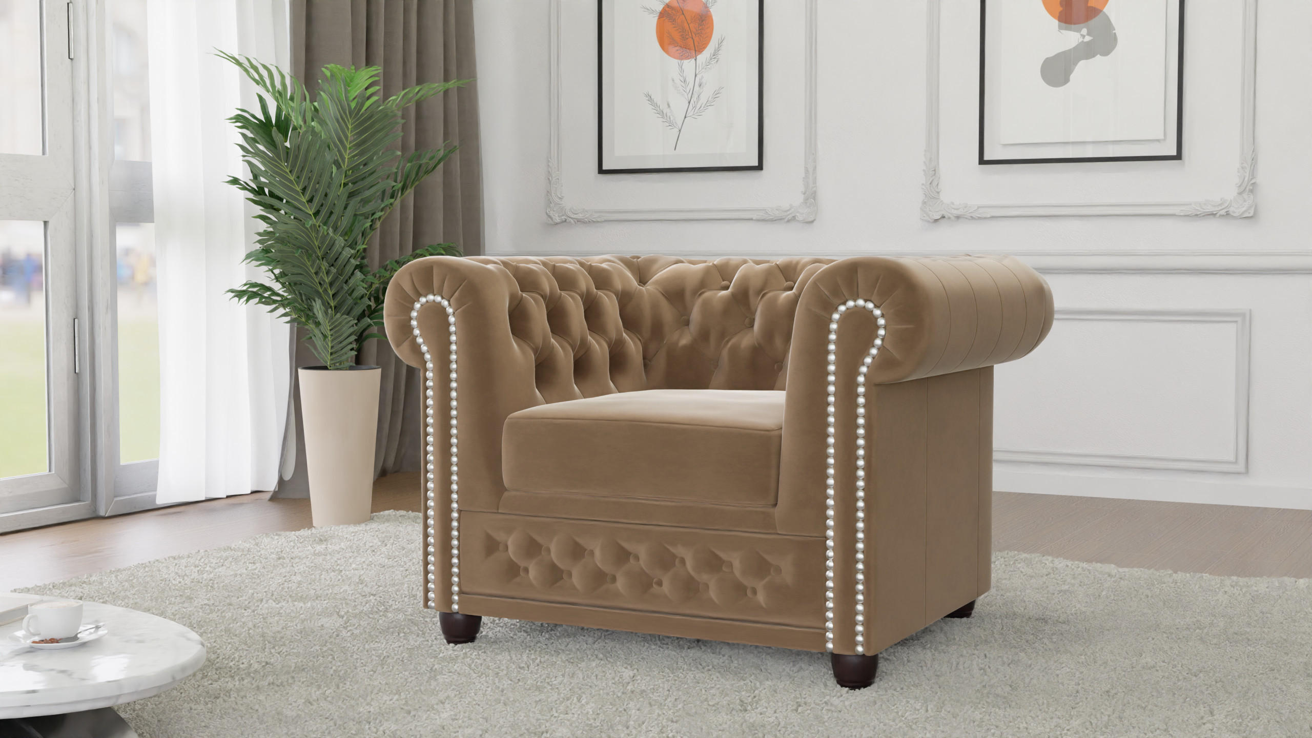 CHESTERFIELD-SESSEL Nyx Beige Samt - Beige/Braun, Holz/Textil (94/72/86cm) - S-Style Möbel