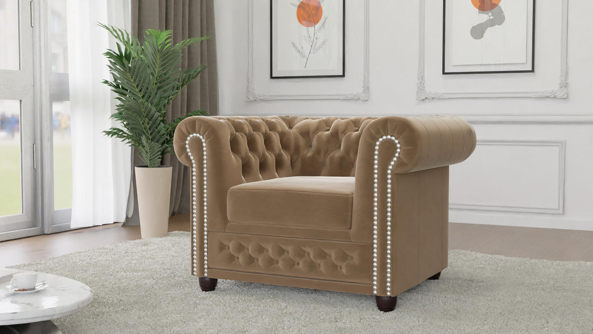 SITZGARNITUR mit Schlaffunktion 3+2+1 Chesterfield Nyx Beige Samt - Beige/Braun, Holz/Textil (203/72/86cm) - S-Style Möbel