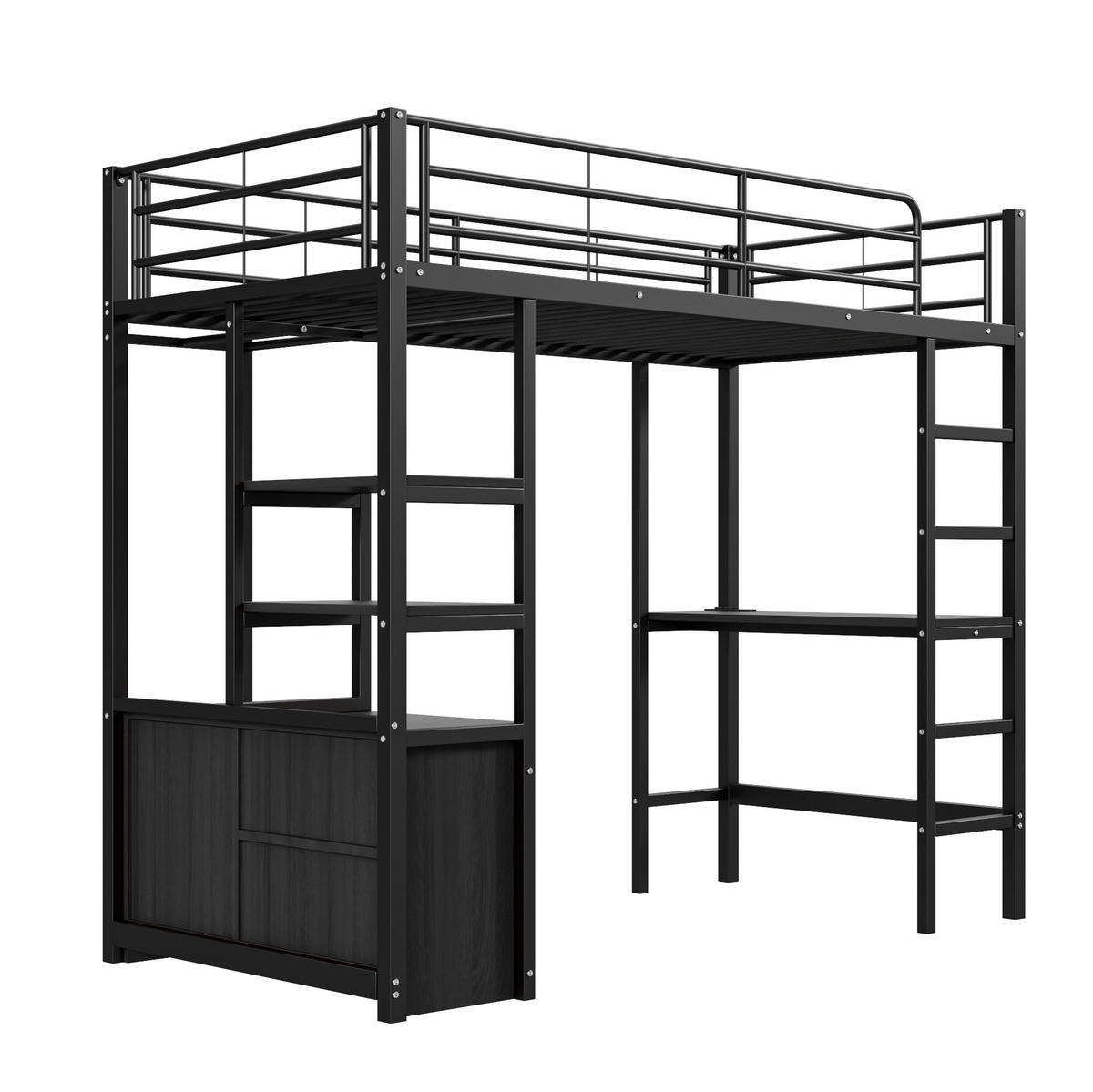 VYSOKÁ posteľ 90/200 cm čierna z kovu s písacím stolom, USB, zásuvkou, policami a otvorenou skrinkou - čierna, kov (90/200cm) - OKWISH