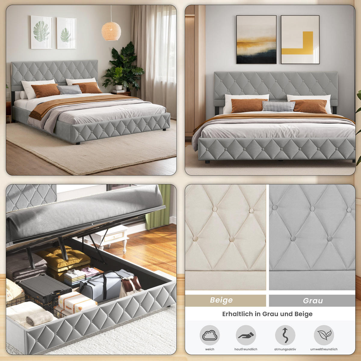 POLSTERBETT 180/200 cm Grau mit hydraulischem Stauraum aus Samt - Grau, Holzwerkstoff (180/200cm) - OKWISH