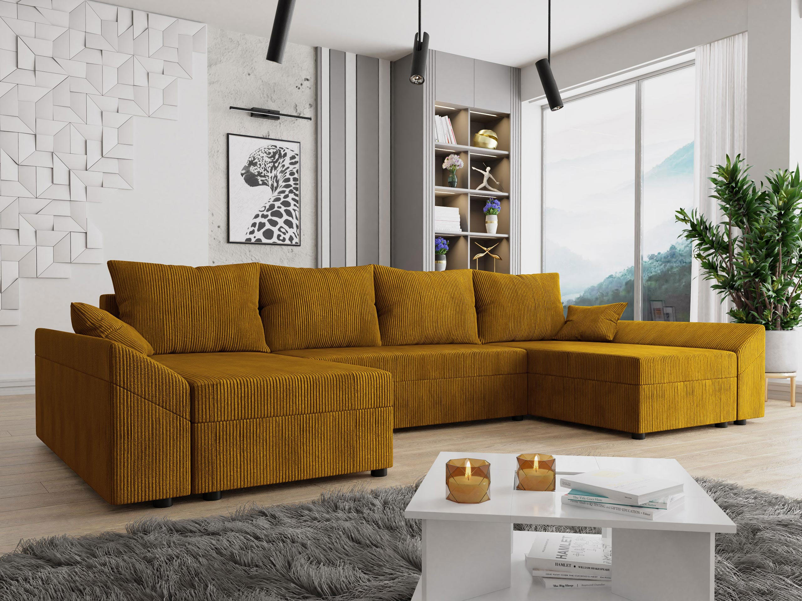 WOHNLANDSCHAFT Dante U Cord - Schwarz/Braun, Holz/Kunststoff (310/82/140cm) - MIRJAN24